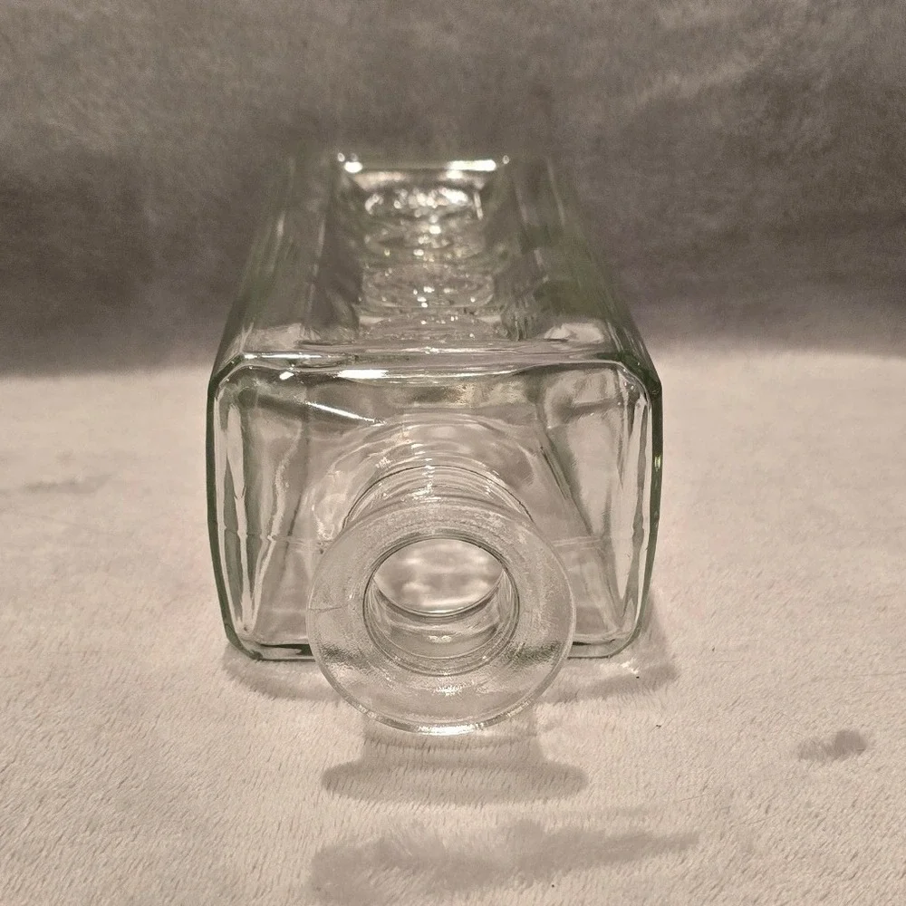 Vintage Clear Glass Square Decanter Embossed Coin Medallions 8.75